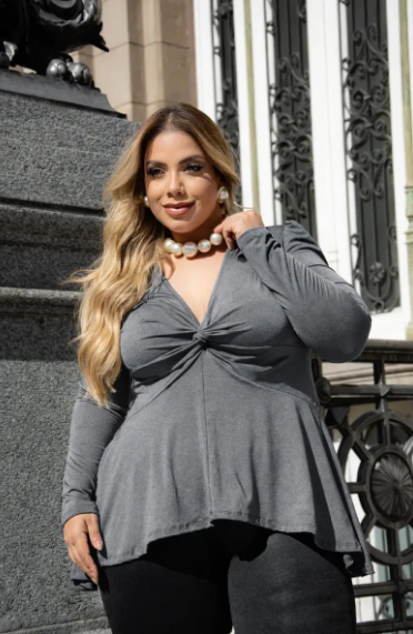 Blusa Plus Size Peplum Bata Vest Leg Manga Longa Babado