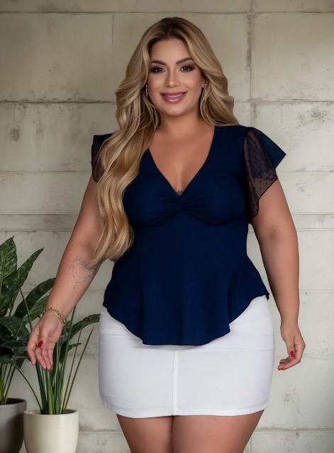 Blusa Plus Size Camiseta Canelada Manga Curta Poá Princesa